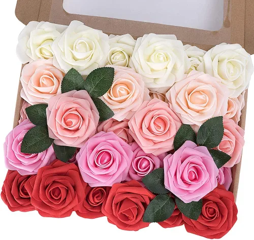 Miniatura 17 de MACTING 30 Rosas Artificiales Blancas Flores Falsas con Tallo Rosas de Espuma de Tacto Real para DIY Arreglos de Ramo de Boda Centros de Mesa White-1