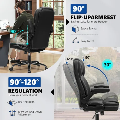 Miniatura 6 de Silla de oficina ejecutiva de cuero PU, silla ergonómica de respaldo alto para computadora y juegos con altura ajustable, giratoria con ruedas