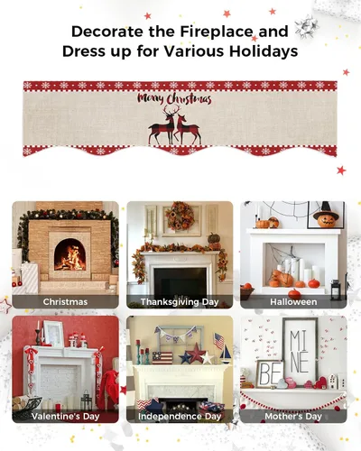 Miniatura 6 de Bufanda de manto de 60 x 17 pulgadas, diseño de cuadros rojos de búfalo a cuadros, alce de Navidad, chimenea, cubierta de mantel para Navidad