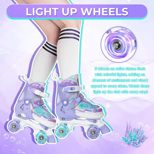 Miniatura 2 de MammyGol Patines de Ruedas para Niñas Niños, 4 Tamaños Ajustables Patines Cuádruples para Niños Pequeños Interiores Exteriores Edades 3-8, Rosa Azul
