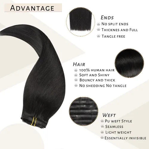 Miniatura 4 de Caliee Extensiones de cabello humano real con pinzas, 14 pulgadas, invisibles y sin costuras, extensiones de cabello humano con clip, color negro