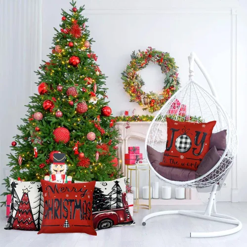 Miniatura 6 de DIYDEC 4 fundas de almohada navideñas de 18x18 pulgadas, fundas de almohada rojas, decoraciones navideñas búfalo árbol camión, almohadas de Feliz
