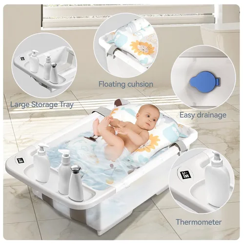 Miniatura 4 de Bañera de bebé plegable - Tina de baño de gran capacidad con termómetro y almohadilla suave Bañera portátil de viaje para recién nacidos e