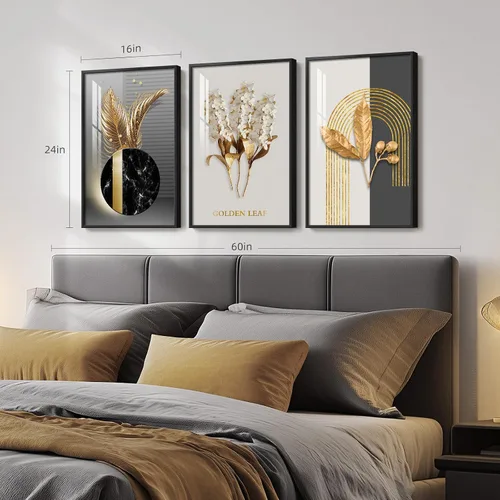 Miniatura 2 de Arte de pared moderno enmarcado en blanco y negro, 3 piezas de impresiones contemporáneas grandes para paredes, juego de 3 imágenes de hojas doradas