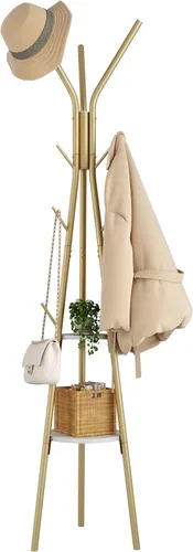 Miniatura 11 de HOMEFORT Perchero, perchero con 2 estantes, árbol de pasillo independiente, colgador de metal para sombreros con 12 ganchos para ropa, sombreros