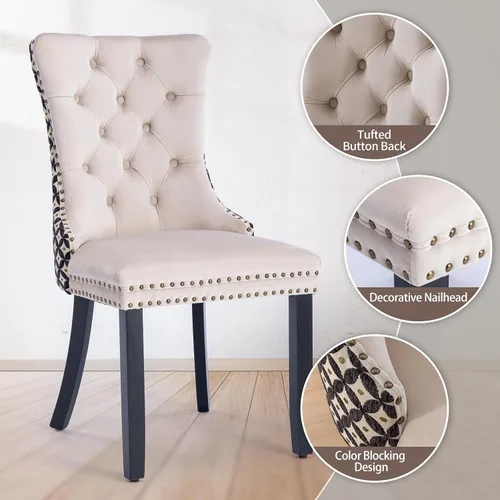 Miniatura 4 de Juego de 2 sillas de comedor de terciopelo, silla de comedor tapizada de alta gama con tirador de anillo en la espalda, adorno de clavos y patas