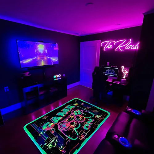 Miniatura 5 de Alfombra de área de juegos con luz negra para decoración de dormitorio, alfombra estampada de juegos, alfombra gamer que brilla en la luz negra