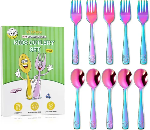 Miniatura 8 de VITEVER Utensilios para Niños Pequeños de 10 Piezas, Juego de Cubiertos de Acero Inoxidable para Niños, Tenedores y Cucharas Seguros para Niños