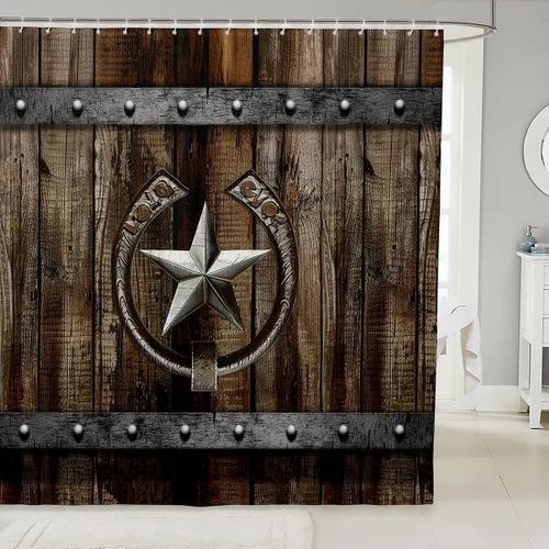 Cortina de ducha rústica de granja, cortina de baño de herradura oxidada con estrellas de Texas, color marrón, cortina de baño vintage para niños,