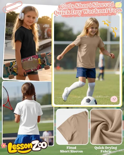 Miniatura 4 de Paquete de 4 camisetas atléticas de manga corta para niñas, de secado rápido, camisetas activas de verano con cuello redondo y ropa deportiva