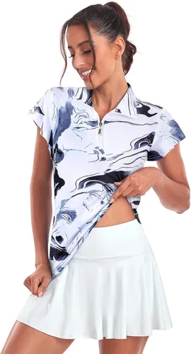 Miniatura 2 de Tanst Sky Polo de golf para mujer, con cremallera de 14, volantes, manga corta, secado rápido, para entrenamiento