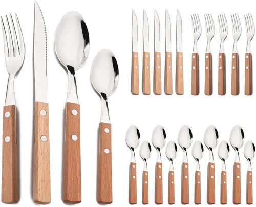 Miniatura 9 de Juego de cubiertos de madera de acero inoxidable 304 con mango ancho, juego de cubiertos de madera duradera, utensilios reutilizables, espejo
