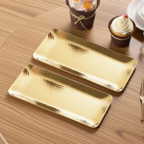 Miniatura 4 de Bandeja decorativa de metal dorado de 9.8 x 4.3 pulgadas, bandejas reutilizables de acero inoxidable, bandejas rectangulares para exhibición