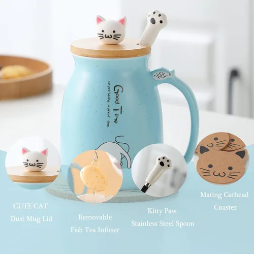 Miniatura 2 de BigNoseDeer Lindas tazas Kawaii de gato, taza de café de cerámica con infusor y tapa, cuchara, taza de té, regalos lindos y geniales para mujeres