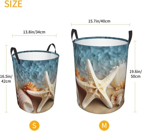 Miniatura 5 de Starfish Coral and Seashell print Circular Hamper Waterproof Storage Bin Organizer Basket Laundry Hamper With Handles For Clothes Toys Small