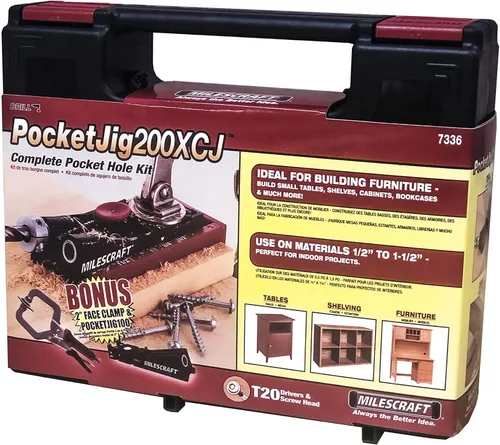 Miniatura 4 de Milescraft Pocket Jig 200XCJ - Juego de herramientas para carpintería con plantillas de agujero de bolsillo de doble cañón y cañón simple