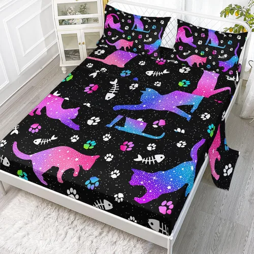 Miniatura 21 de Axolotl Juego de sábanas de gato negro de dibujos animados tamaño full, diseño de estrellas y luna impreso, ropa de cama para niños para decoración