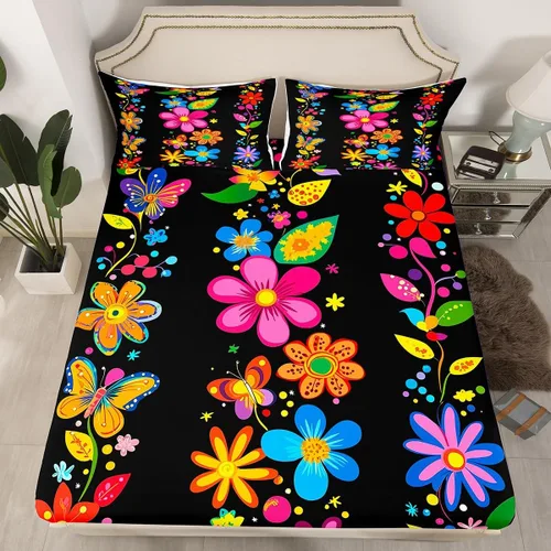 Miniatura 9 de Juego de ropa de cama de flores Groovy de los años 70, sábana bajera ajustable de flores de arco iris para niños y niñas, sábanas de ropa de cama