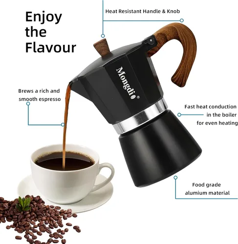 Miniatura 2 de Mongdio Cafetera de café expreso Moka Pot, cafetera cubana, cafetera de estufa Moka Italian Espresso Greca, cafetera percoladora, 3 tazas de Negro