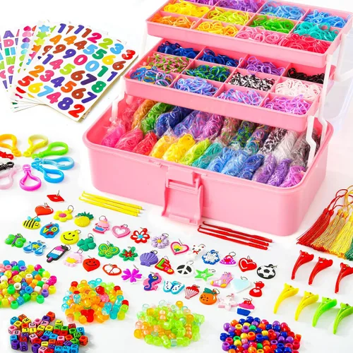 INSCRAFT 17500+ bandas de telar de goma con contenedor rosa de 3 capas, 28 colores, 600 clips en forma de S, 352 cuentas, 40 dijes de dibujos