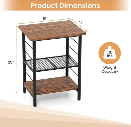 Miniatura 3 de GOFLAME Mesa auxiliar industrial de 3 niveles, mesita de noche con estante de metal de malla extraíble, almohadillas niveladoras ajustables, mesa