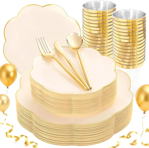 Miniatura 11 de ejonirinjonir EI - 180 platos de plástico beige con cubiertos de plástico dorado, platos desechables de alta resistencia para fiestas, juego