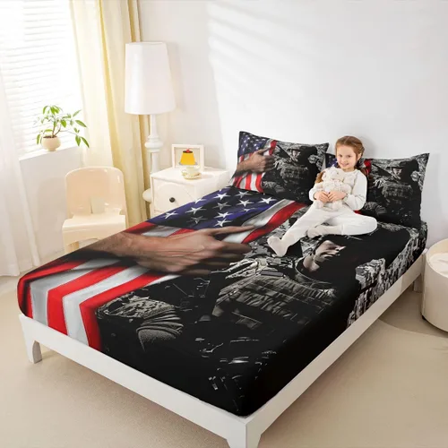 Miniatura 2 de Juego de ropa de cama de bandera estadounidense tamaño individual para niños, adolescentes y hombres, retro, verde militar, camuflaje, bandera
