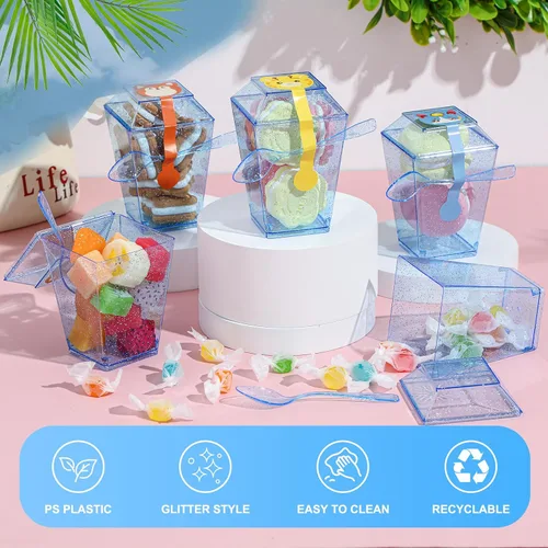 Miniatura 2 de Dandat Paquete de 100 tazas de postre de plástico con purpurina azul de 5 onzas con tapas y cucharas, mini tazas de yogur transparente