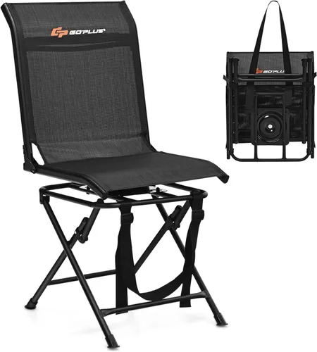 Miniatura 11 de Goplus Silla de Caza, Silla Plegable Giratoria de 360° para Puesto de Caza con Correa de Transporte, Capacidad de 330 Libras, Taburete Portátil