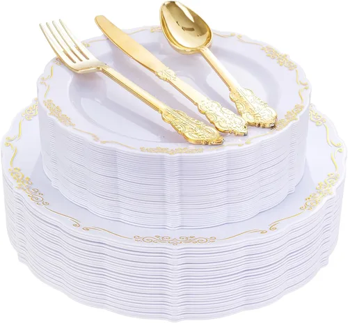 Miniatura 10 de DaYammi 150 platos de plástico negro plateado y cubiertos de plástico plateado, platos desechables de plata negra para incluir 30 platos llanos, 30