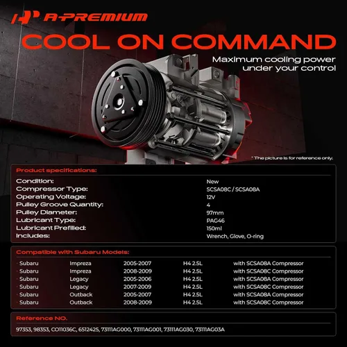 Miniatura 2 de A-Premium Compresor de aire acondicionado de CA con embrague compatible con Subaru Outback 2.5L 2005-2009, Legacy 2.5L 2005-2009, Impreza 2.5L