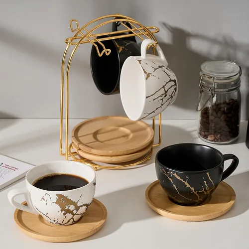 Miniatura 7 de LUKA - Juego de tazas de café de cerámica con platillos y soporte de metal, tazas de capuchino apilables de 8 oz de porcelana para té, espresso