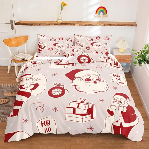 Miniatura 15 de Juego de ropa de cama de Navidad con funda de edredón de copos de nieve, color blanco y rojo, con estampado navideño, juego de ropa de cama festiva