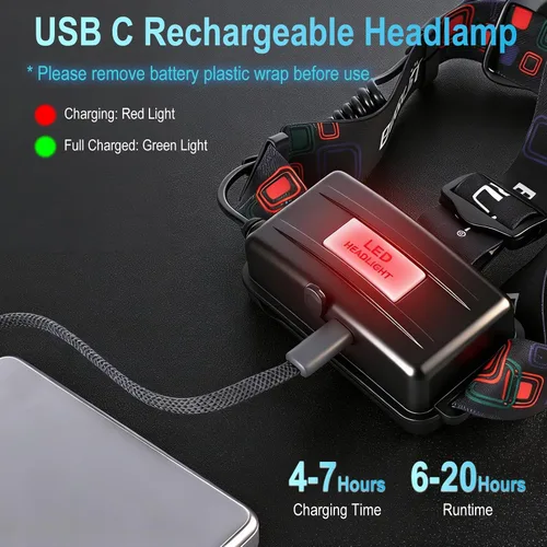 Miniatura 4 de BORUIT Linterna frontal LED recargable RJ-3000 súper brillante con luz verde, 3 modos de lámpara de cabeza USB súper brillante IPX4 faro impermeable