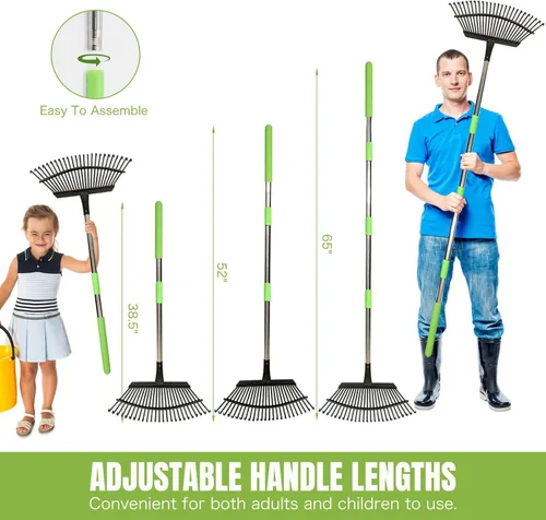 Miniatura 4 de Joyhalo Rastrillo para hojas ajustable de 65 pulgadas de largo, rastrillo de jardín de 18 pulgadas de ancho con 25 dientes, rastrillos de hojas