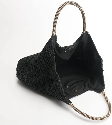 Miniatura 3 de QTKJ Bolso de hombro de paja grande suave tejida a mano bolso de playa negro bohemio con asa de paja retro de verano bolso de ratán negro Negro 118x