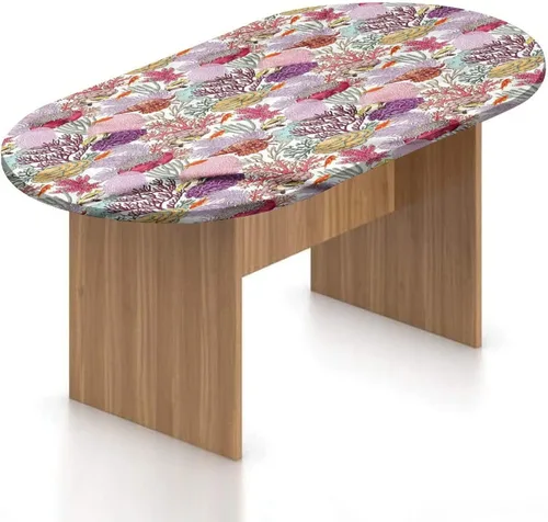 Miniatura 9 de Mantel ajustable ovalado de poliéster elástico para acuario, diferentes peces en la parte inferior del océano, mantel ajustable con estampado