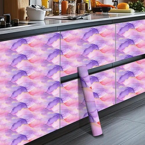 Miniatura 7 de HOMETITUTE Papel tapiz de acuarela pastel para despegar y pegar, patrón degradado morado y rosa, 118.1 x 17.7 pulgadas, papel adhesivo autoadhesivo