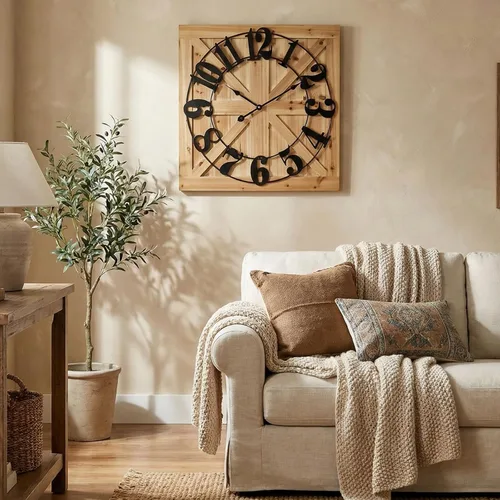Miniatura 5 de EMAX HOME Reloj de pared grande estilo casa de campo, reloj de madera rústico cuadrado marrón de 24 pulgadas con letrero decorativo de madera
