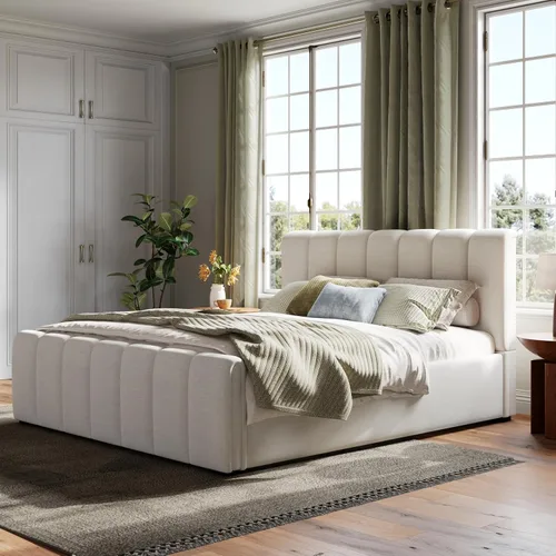 Miniatura 3 de Merax Cama de plataforma tapizada tamaño Queen con cabecero y estribo gruesos, marco de cama de tela de lino estilo bloque con patas de madera