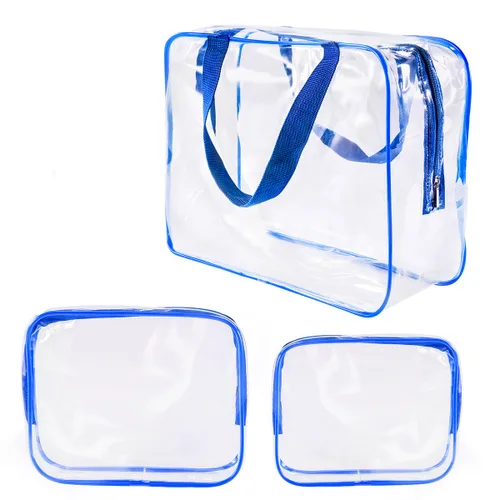 Miniatura 29 de Kit de 3 piezas de bolsas de artículos de aseo de viaje de PVC cristalino para mujeres y hombres, organizador de embalaje de vinilo impermeable