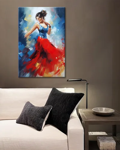 Miniatura 5 de GLOKAKA Arte abstracto de la pared de niña bailarina contemporánea con falda roja con parte superior azul y falda roja, obra de arte para decoración
