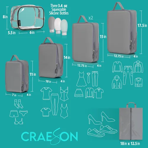 Miniatura 3 de CRAESON Cubos de embalaje de compresión para maletas, juego de 7 organizadores de equipaje con 5 cubos de embalaje de compresión, bolsa de zapatos