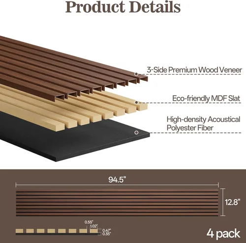 Miniatura 2 de Paquete de 4 paneles de madera para pared, 94.4 x 12.8 pulgadas, paneles de pared de listones de madera acústica para decoración de interiores