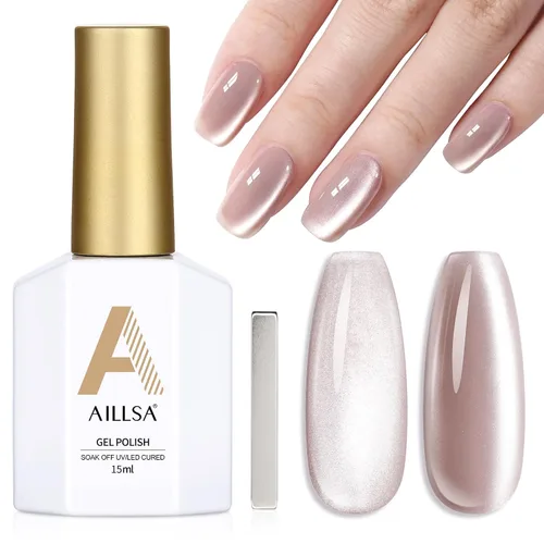 Miniatura 8 de AILLSA - Esmalte de uñas de gel Cat Eye color nude con glitter de cristal, esmalte de uñas de vidrio con destellos, brillo reflectante translúcido