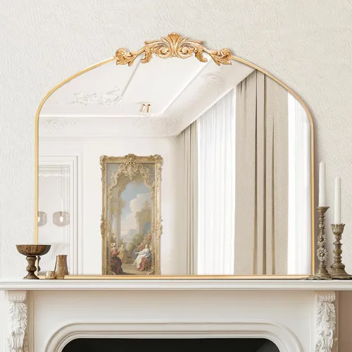 MISSDAY Espejo barroco vintage dorado para pared, espejo de pared antiguo arqueado de 36 x 30 pulgadas con elegante parte superior tallada, espejo