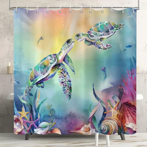 Cortina de ducha de tortuga marina, medusas de tortugas marinas, plantas acuáticas bajo el agua, pintura al óleo colorida, tela impermeable, lavable