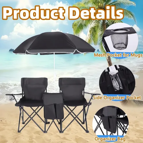 Miniatura 4 de Double Camping Chair with Canopy, with Cup Holder and Side Storage Pockets, for Beach, Camping and Fishing (Black)