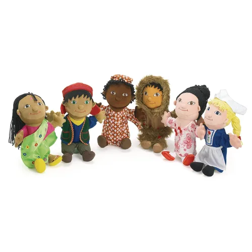Excellerations Marionetas multiculturales alrededor del mundo para niño y niña, 14 pulgadas de alto (6 marionetas de mano), para uso en el aula o en