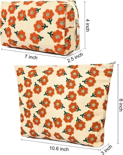 Miniatura 3 de SOIDRAM 2 piezas de bolsa de maquillaje con flores, gran bolsa de cosméticos de corduroy de gran capacidad, bolsa de lona mixta, bolsa de viaje